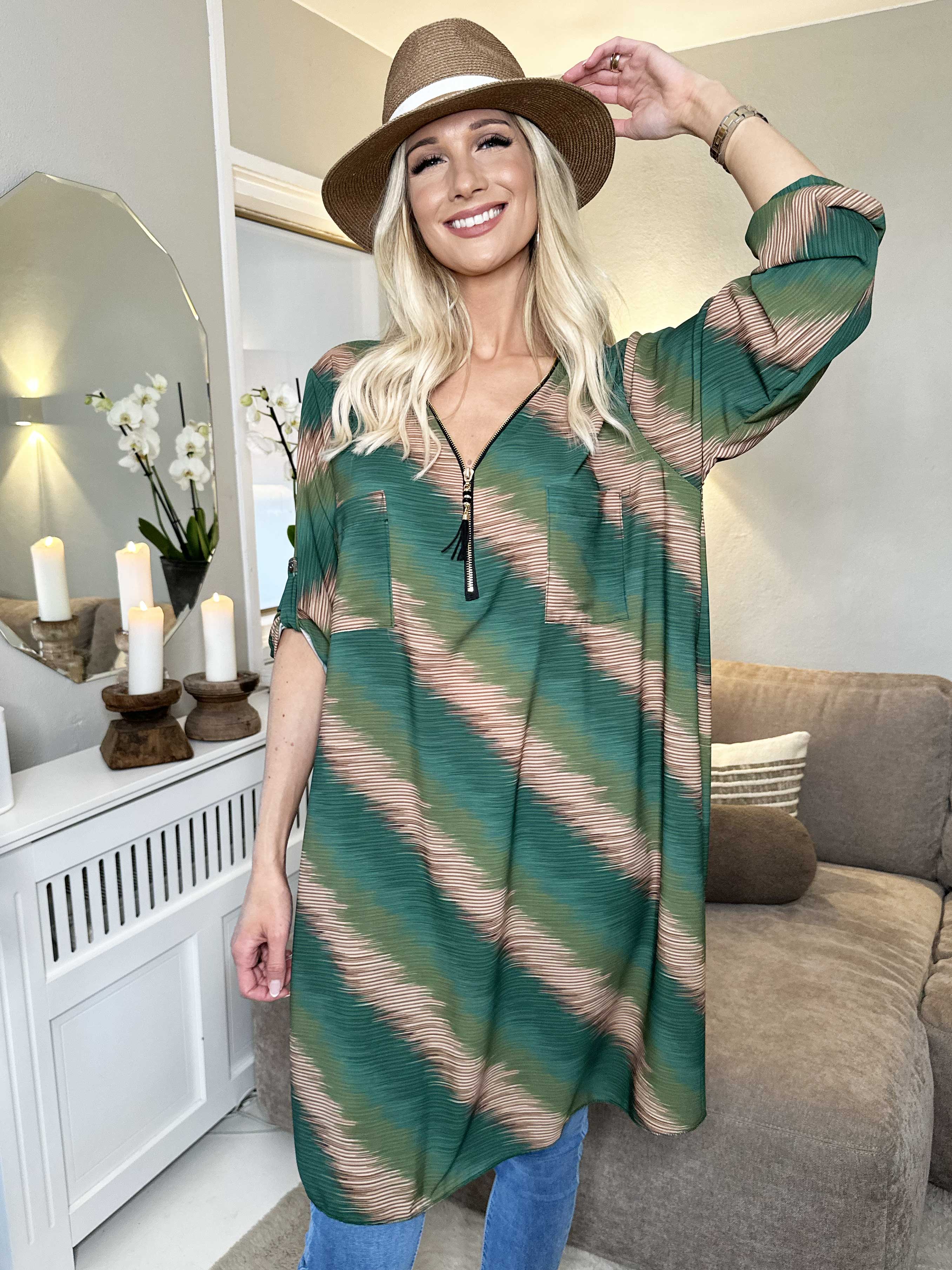 Claudia Stripe Dress - Tunikaklänning med tryck och dragkedja - Dark green