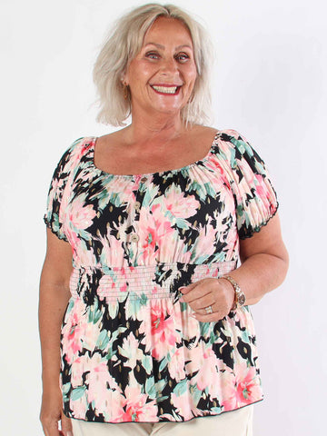 Cora Flower Shirt - Elastisk plus size bluse med smock under brystet
