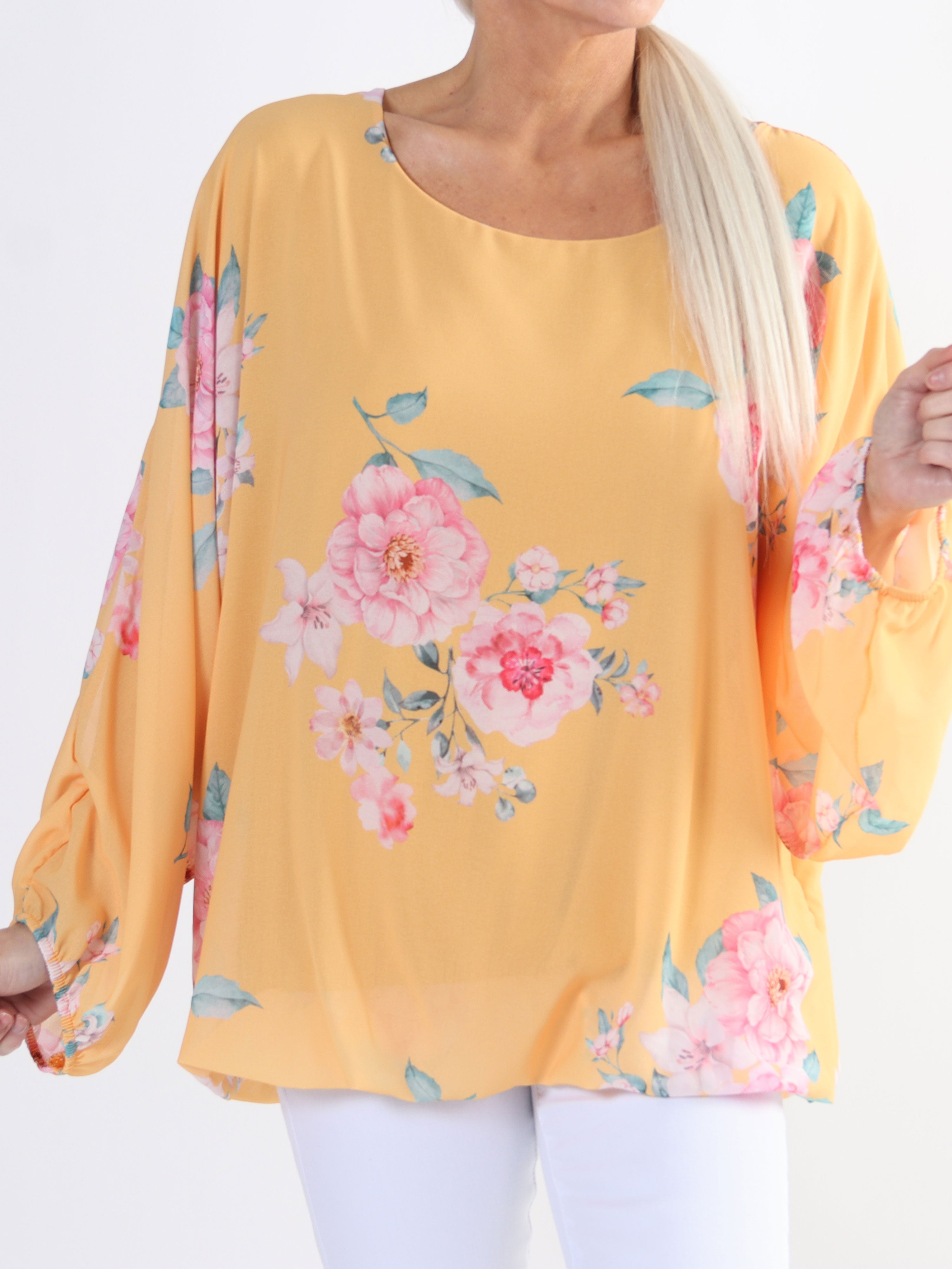 Destiny Rose - Plus size blus i chiffong med bondrosor