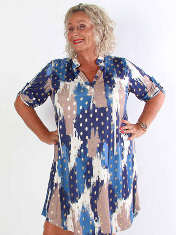 Ebba Paint Long - Elastisk flerfarvet plus size kjole med guld dutter