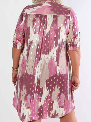 Ebba Paint Long - Elastisk flerfarvet plus size kjole med guld dutter