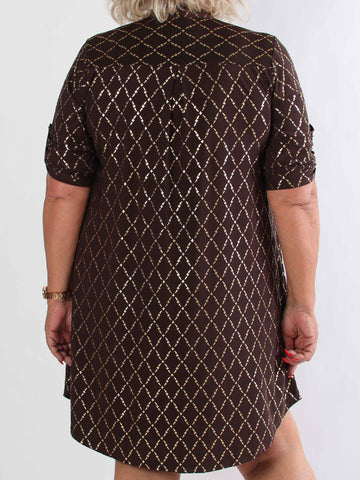 Ebba Gold Check Long - Elastisk plus size kjole med guld detaljer