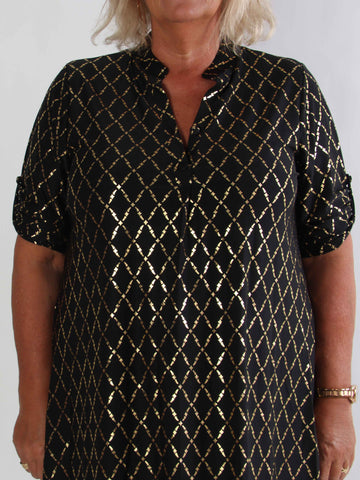 Ebba Gold Check Long - Elastisk plus size kjole med guld detaljer