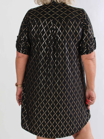 Ebba Gold Check Long - Elastisk plus size kjole med guld detaljer
