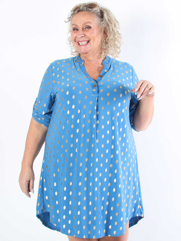 Ebba Gold Long - Elastisk plus size-klänning med guldprickar