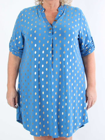 Ebba Gold Long - Elastisk plus size-klänning med guldprickar