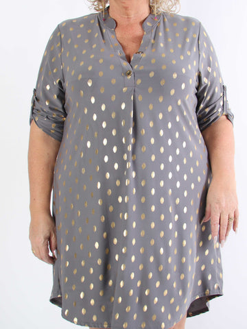 Ebba Gold Long - Elastisk plus size-klänning med guldprickar