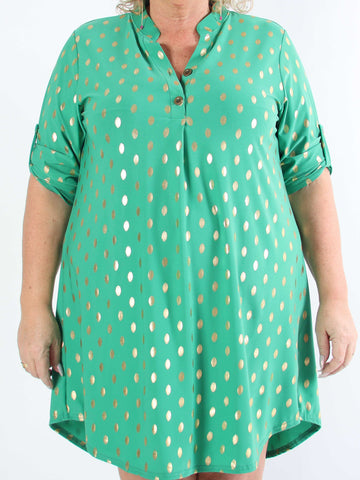 Ebba Gold Long - Elastisk plus size-klänning med guldprickar