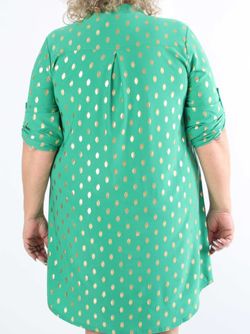 Ebba Gold Long - Elastisk plus size-klänning med guldprickar