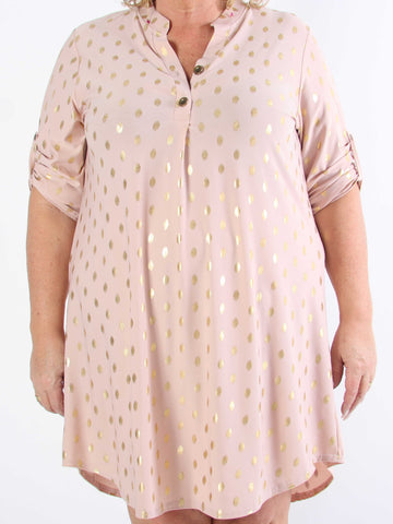 Ebba Gold Long - Elastisk plus size-klänning med guldprickar