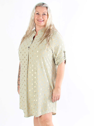 Ebba Gold Long - Elastisk plus size-klänning med guldprickar