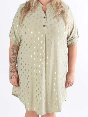 Ebba Gold Long - Elastisk plus size-klänning med guldprickar