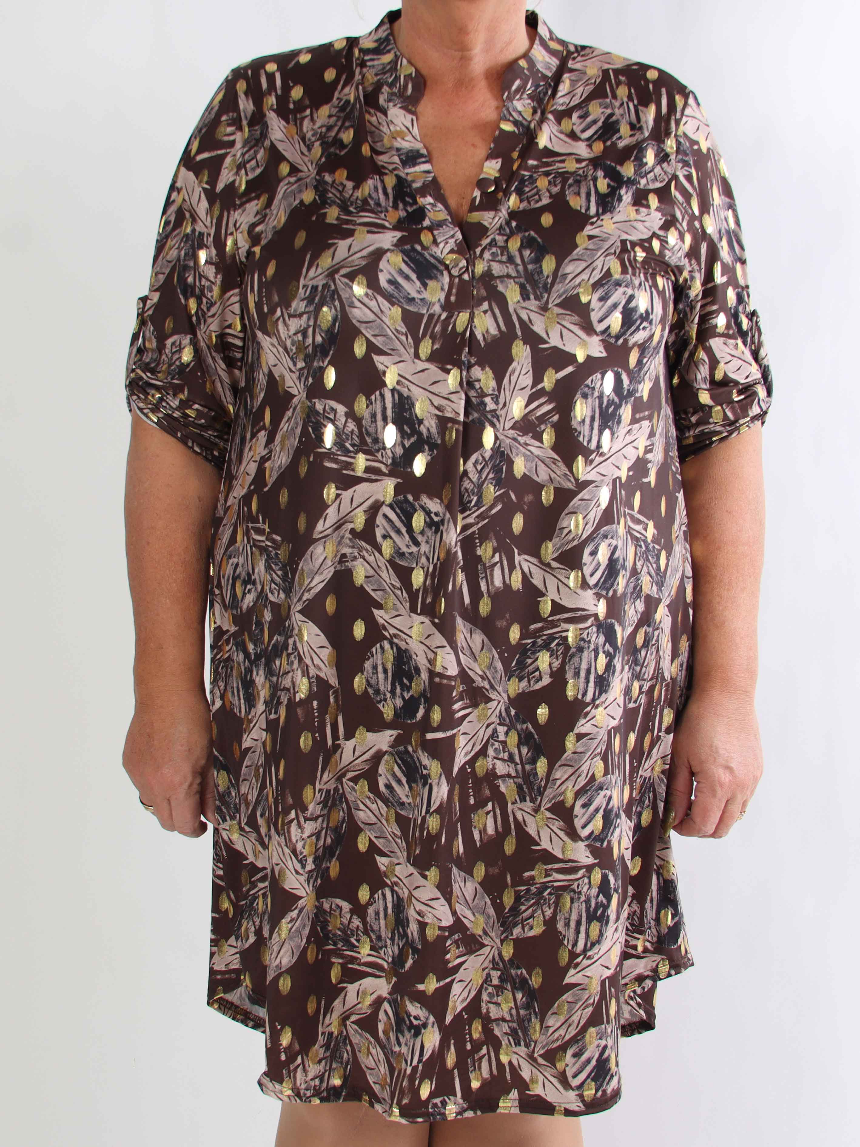 Ebba Leaf Long - Elastisk plus size kjole med bladmønster og guld dutter