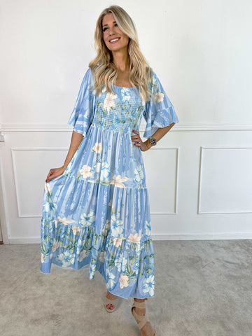 Elna Floral Stripe - Blommig elastisk klänning med smockat bröst