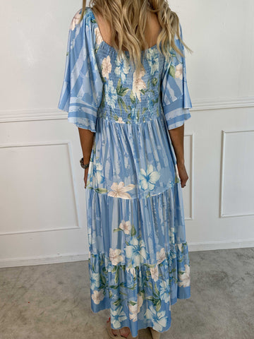 Elna Floral Stripe - Blommig elastisk klänning med smockat bröst