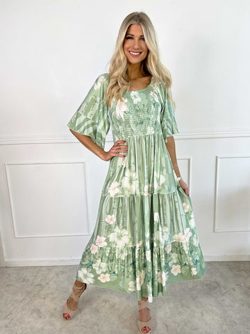 Elna Floral Stripe - Blommig elastisk klänning med smockat bröst