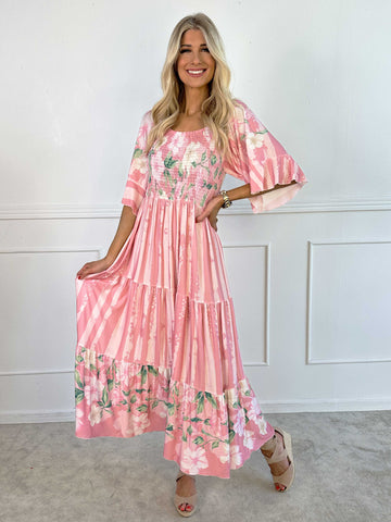 Elna Floral Stripe - Blommig elastisk klänning med smockat bröst