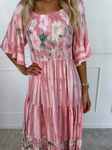 Elna Floral Stripe - Blommig elastisk klänning med smockat bröst