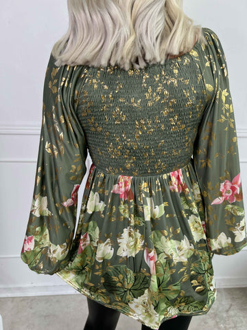 Elna Water Lily Shirt L/S - Elastisk bluse med blomsterprint og smock over brystet