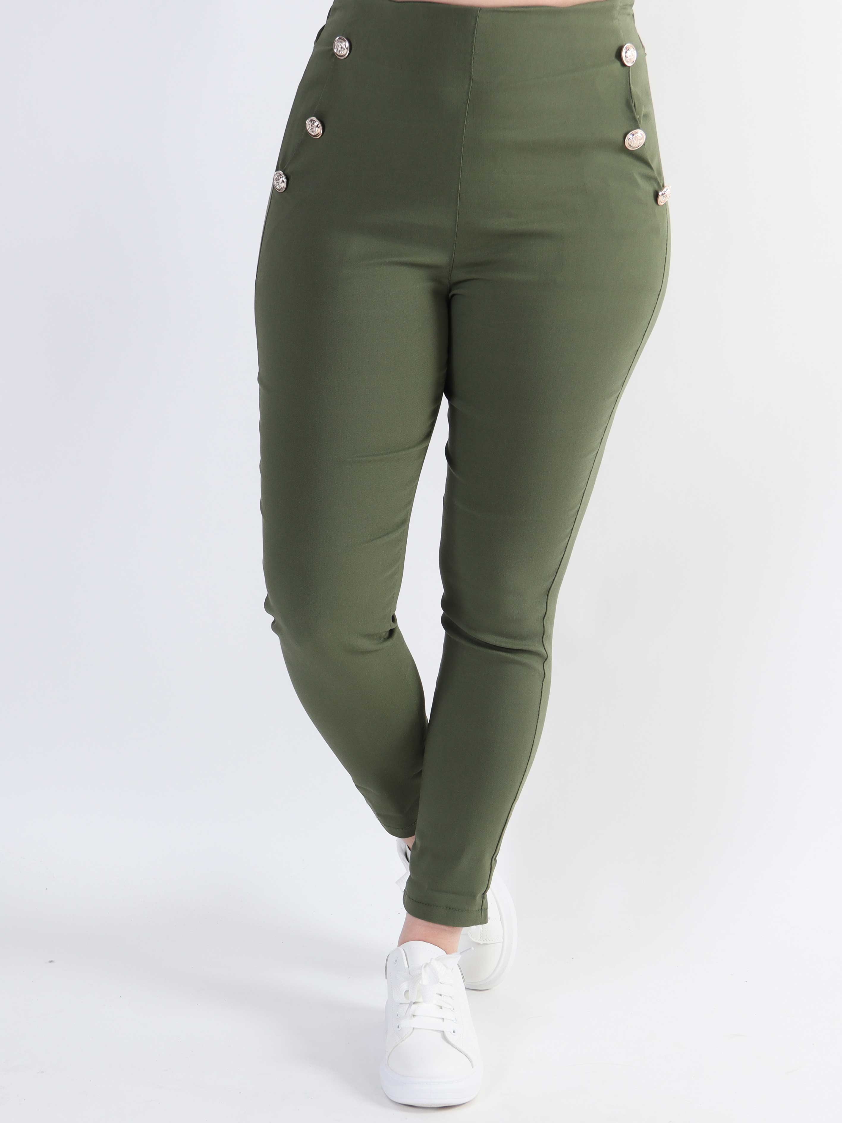 Emma - Leggings med resår i midjan och guldfärgade knappar - Army