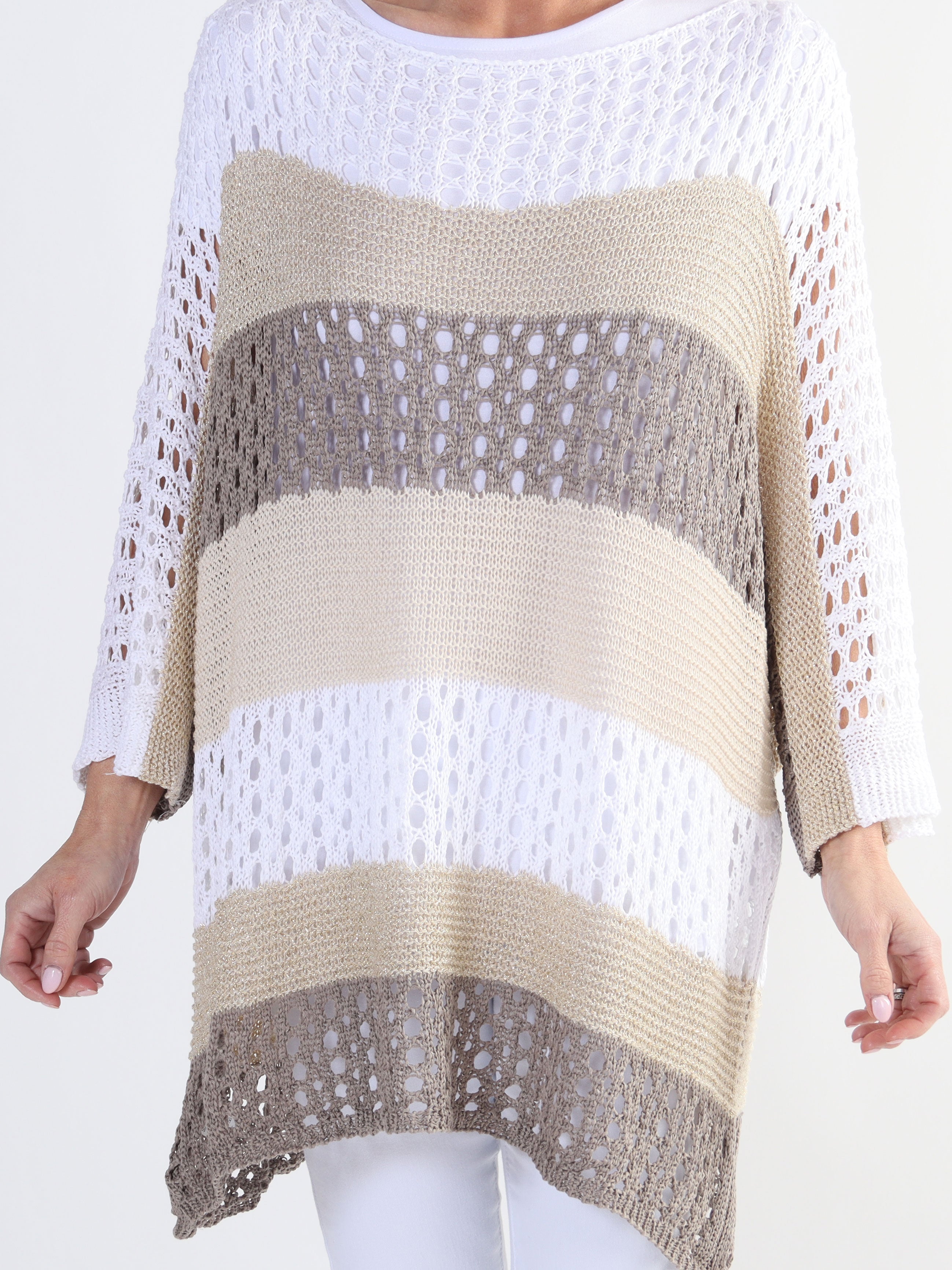 Evelina - Randig plus size-stickning med spetsmönster och glittertrådar