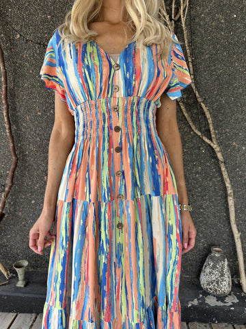 Hinata Stripe - Lång randig klänning i viskos med resår