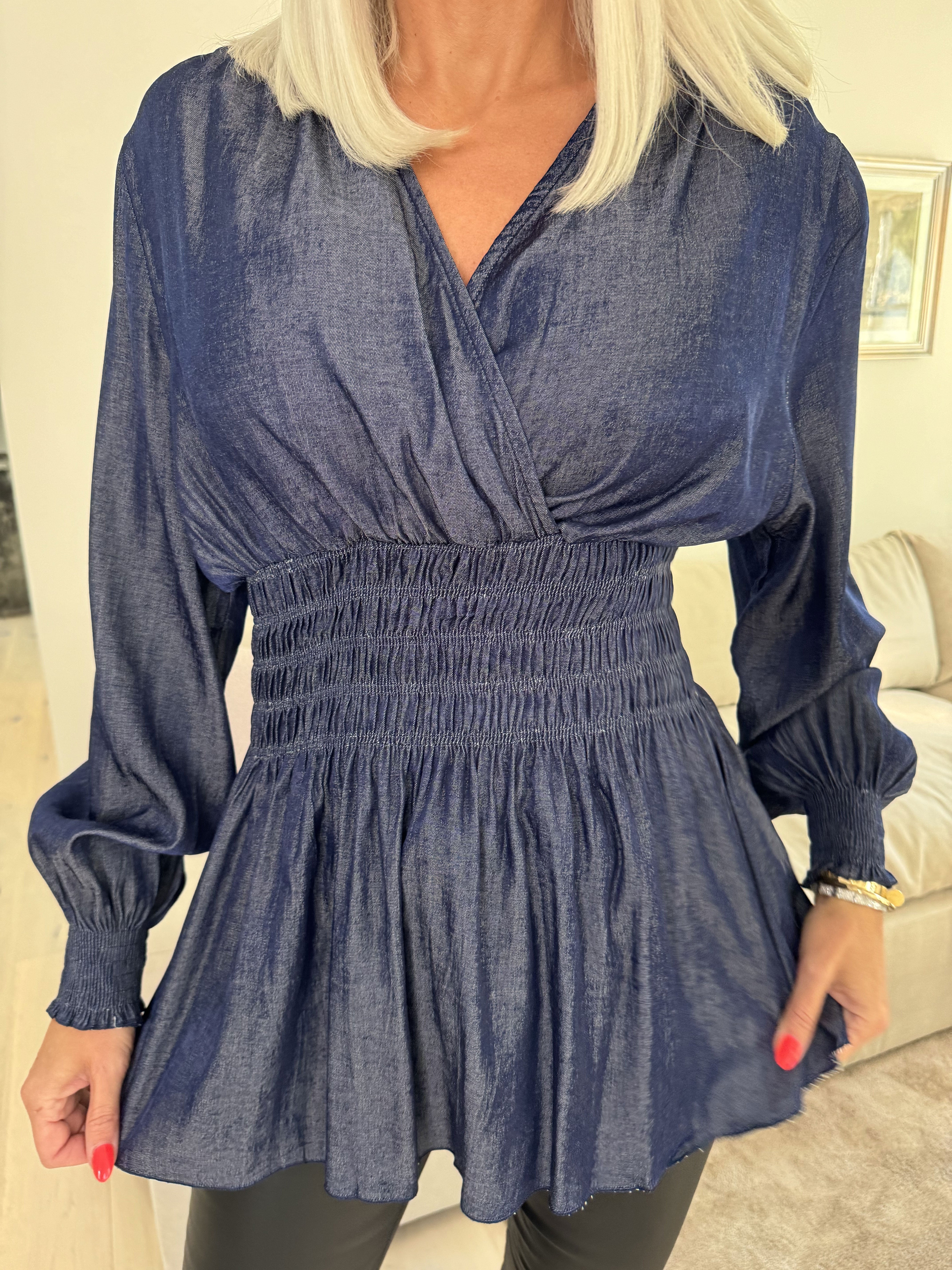 Pams Denim Shirt L/S - Elastisk blus med långa ärmar