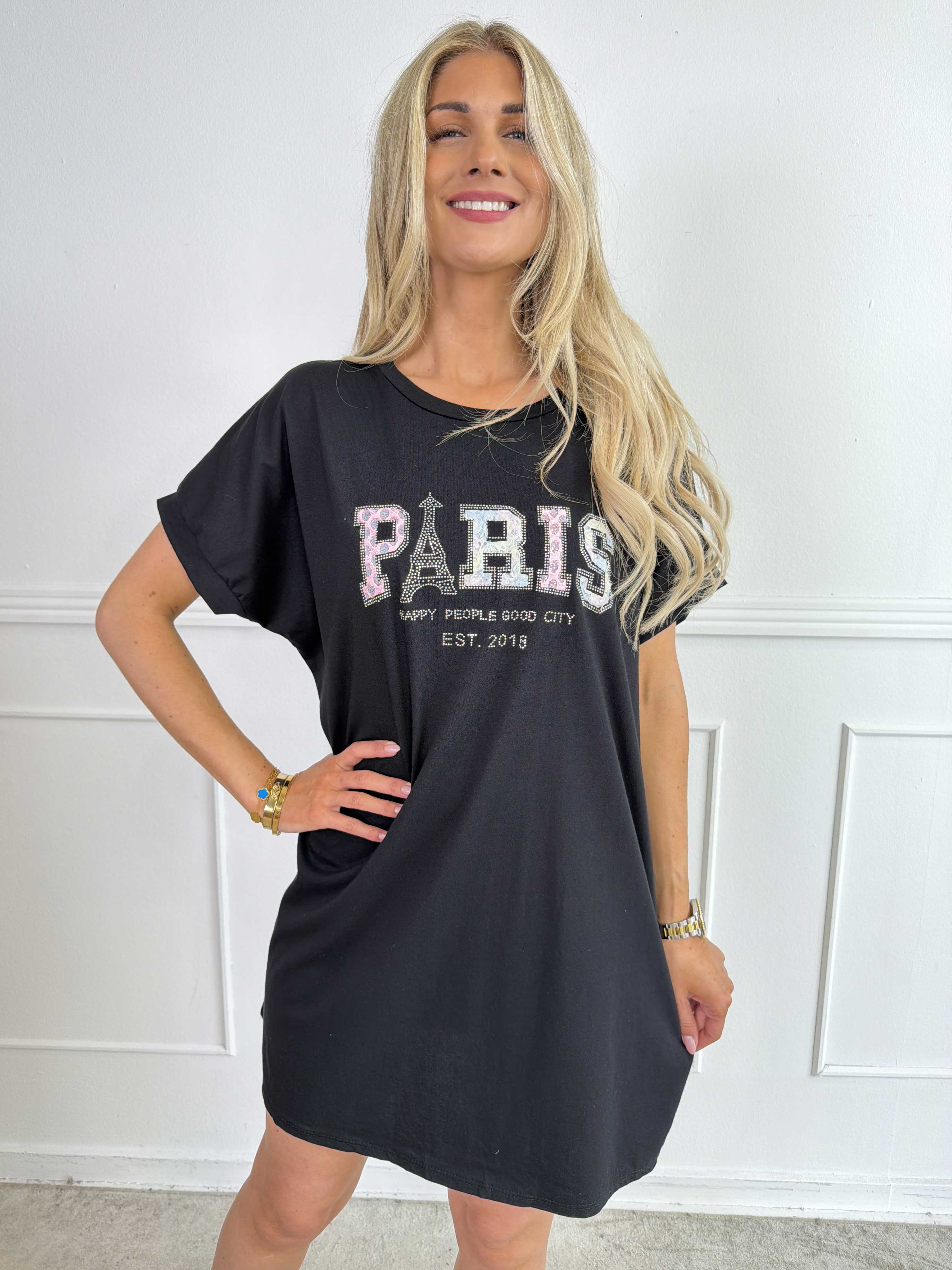 Milla - T-shirtkjole i bomuld med Paris stående med similisten