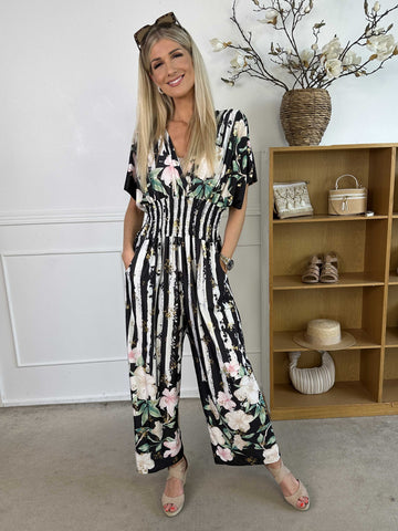 Pams Floral Stripe Jumpsuit - Stretchig jumpsuit med blommotiv