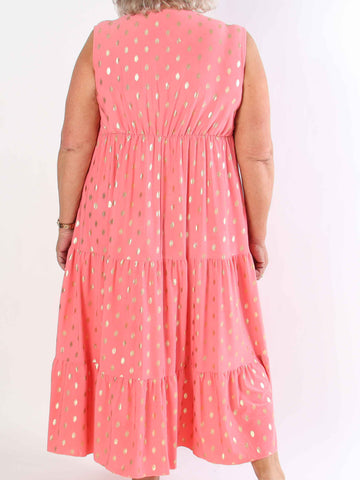 Karini Gold - Lång elastisk plus size klänning med prickar i guld