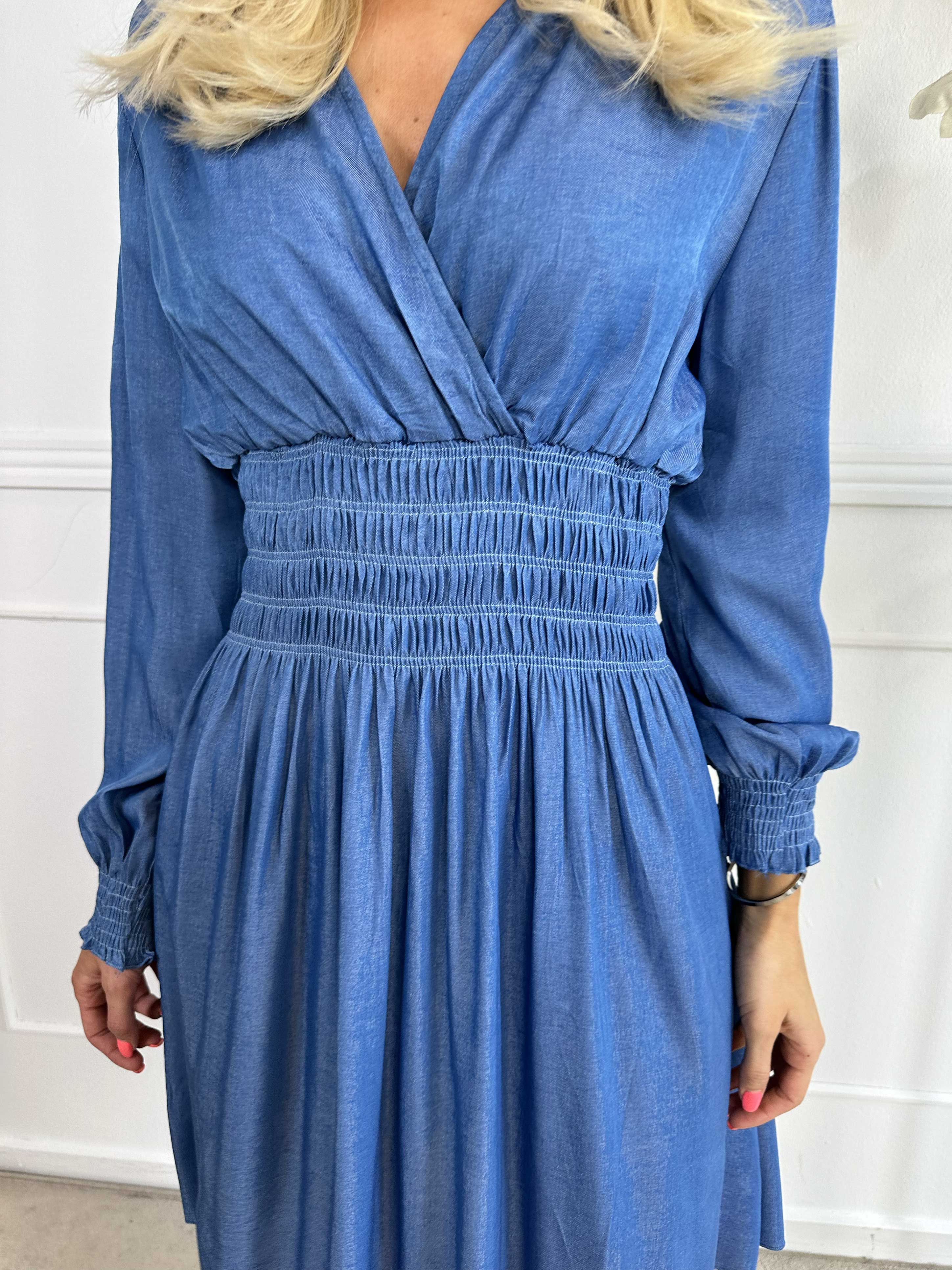 Pams Denim Short L/S - Klänning med smock i midjan