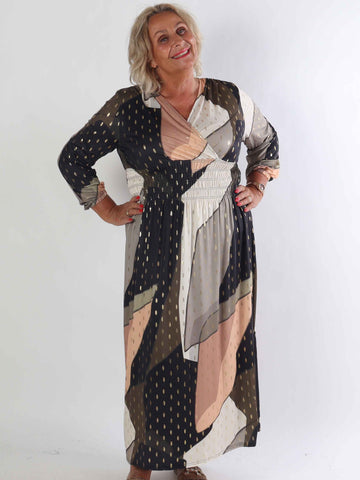 Pams Abstract L/S - Elastisk flerfarvet plus size kjole med guld detaljer