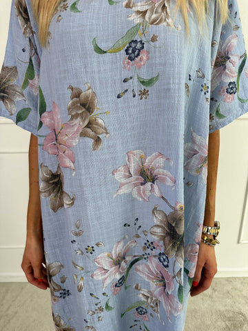 Gry - Klänning i bomull i linne-liknande tyg med blommigt tryck