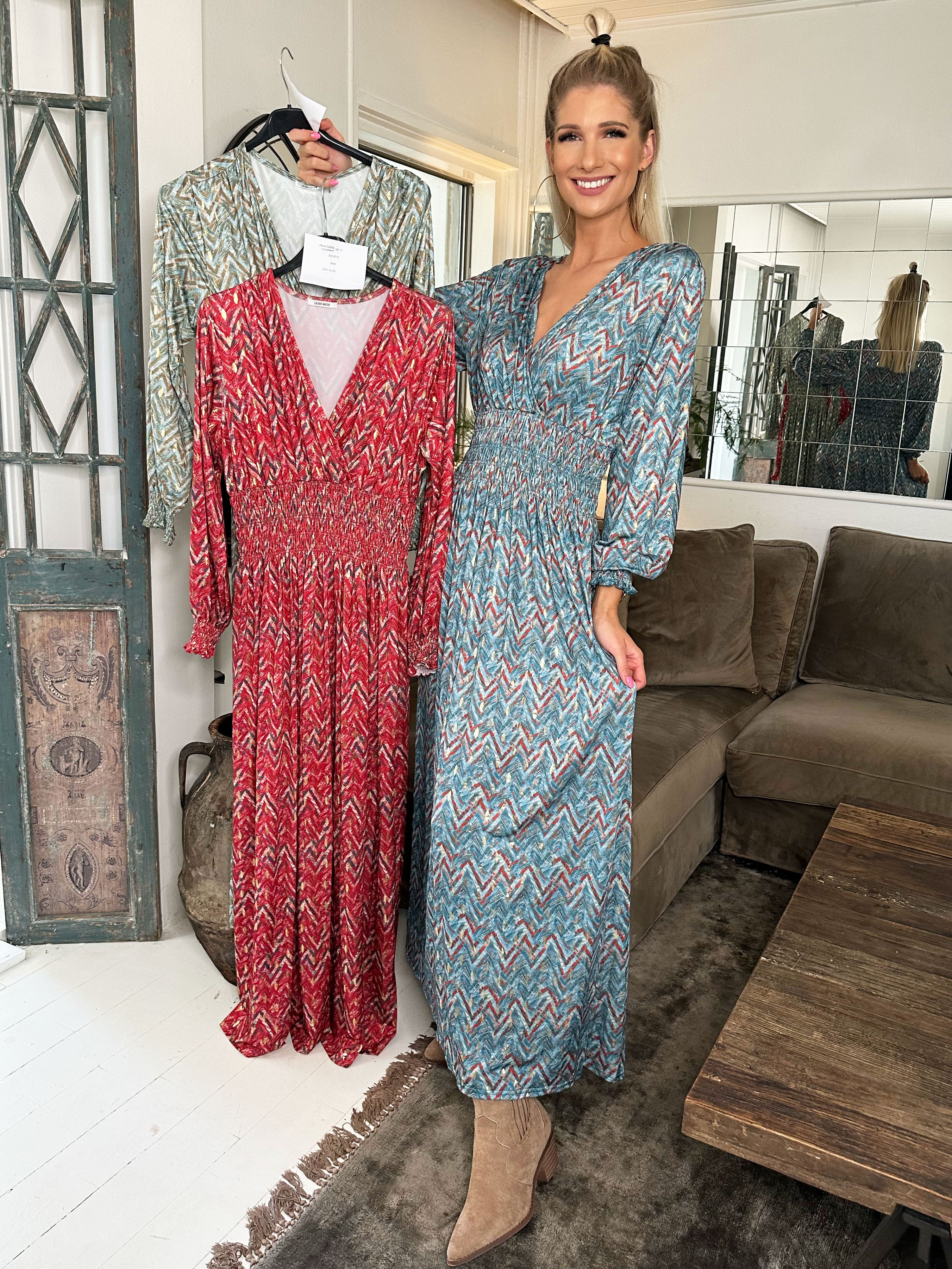 Pams ZigZag L/S - Lång elastisk klänning i skrynkelfritt tyg med långa ärmar