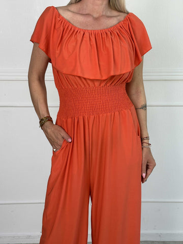 Pams Plain Frill Jumpsuit - Elastisk jumpsuit med smock och volang
