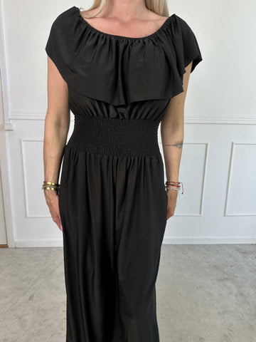 Pams Plain Frill Jumpsuit - Elastisk jumpsuit med smock och volang
