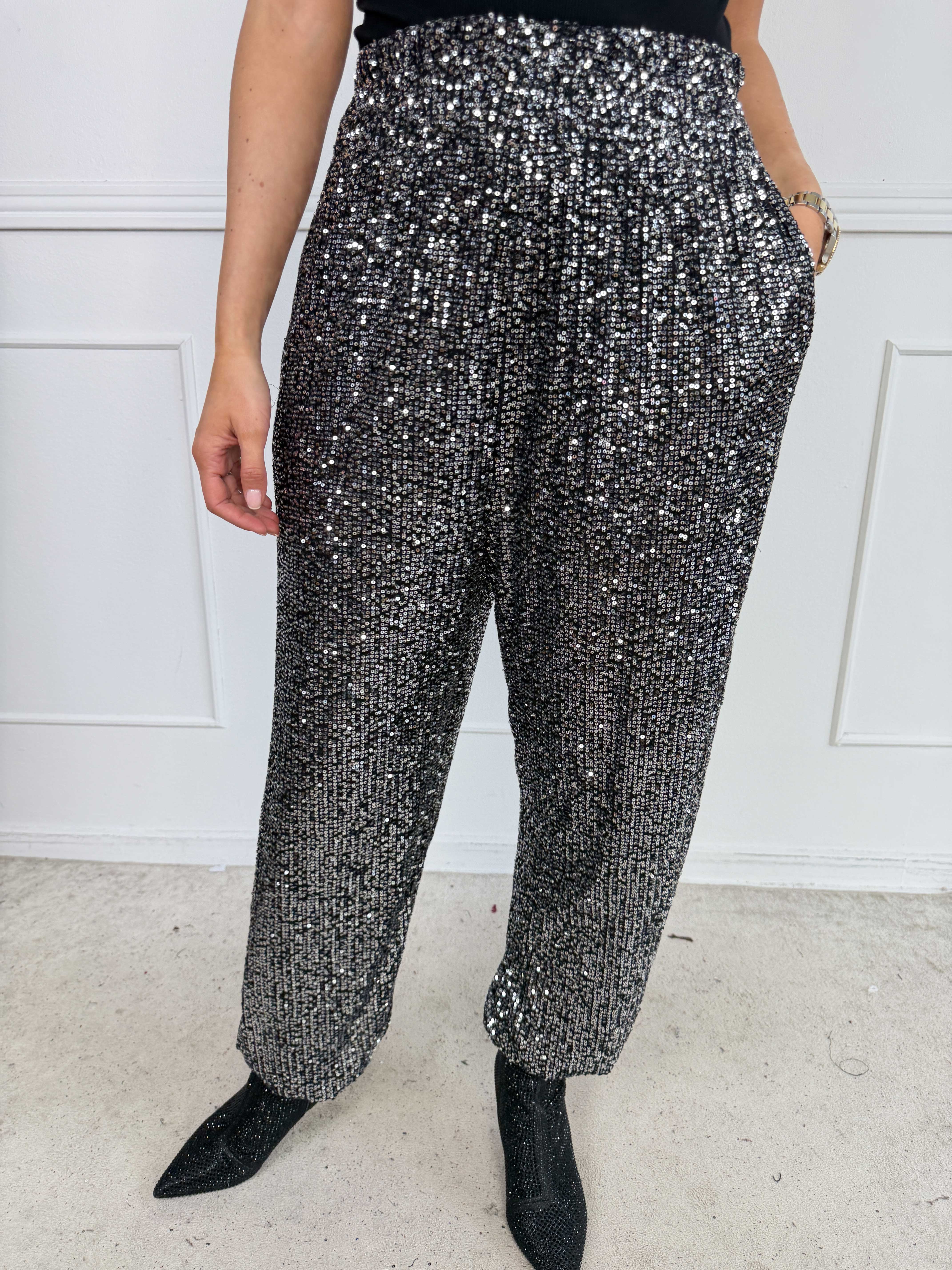 Pams Glitter Harem Pants - Elastiska paljettbyxor i plus size med smock i midjan