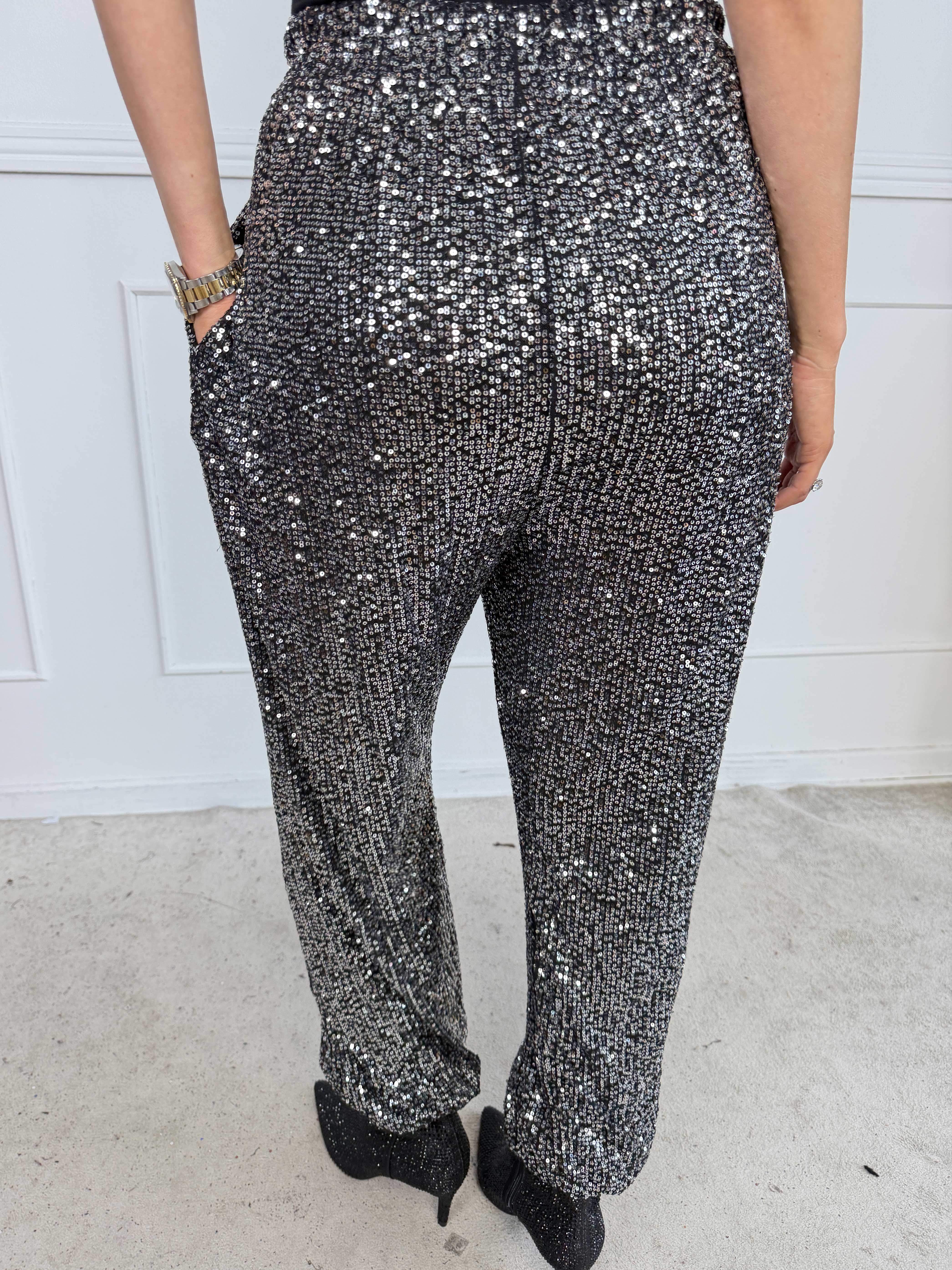 Pams Glitter Harem Pants - Elastiska paljettbyxor i plus size med smock i midjan