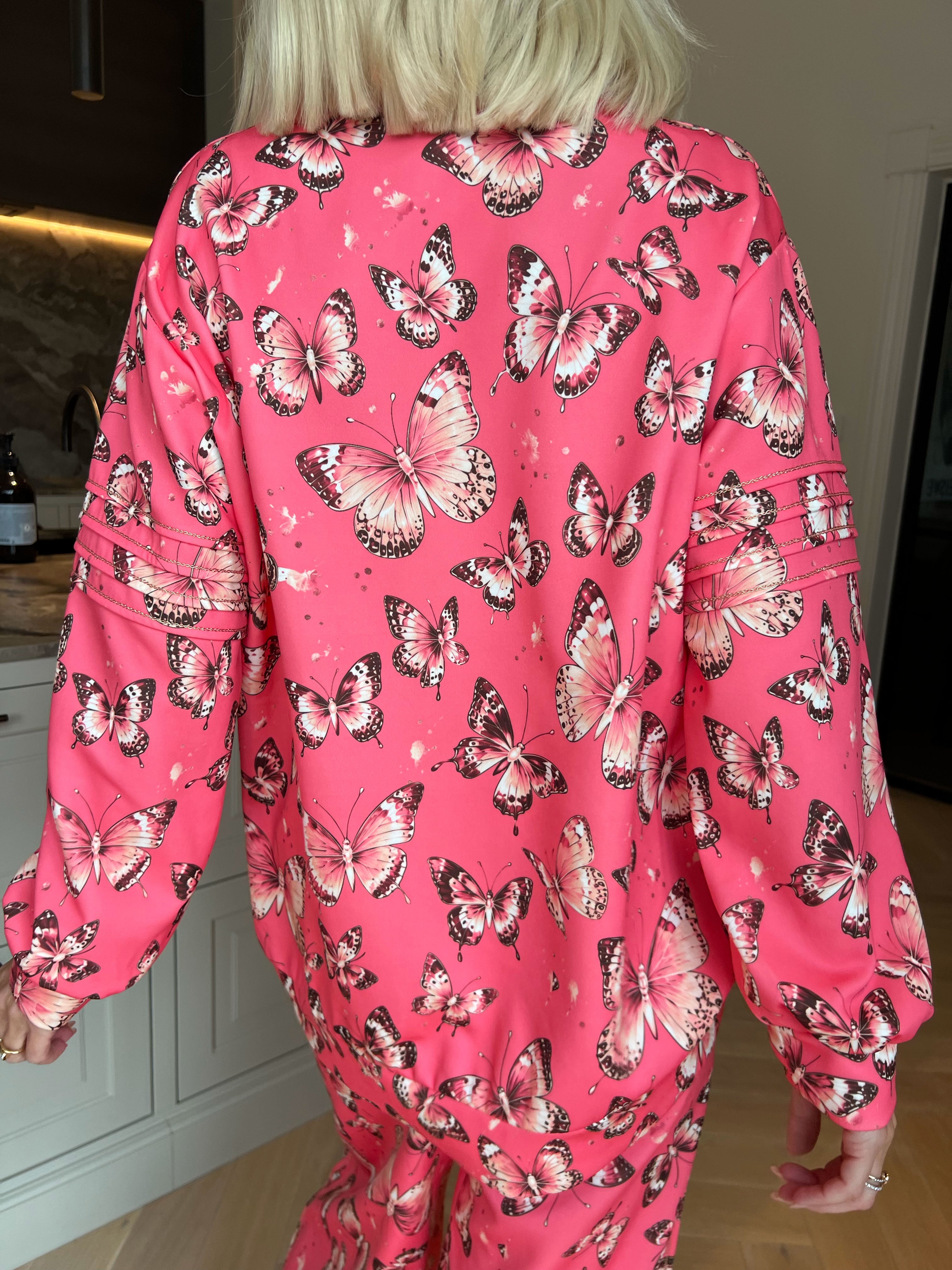 Dream Butterfly - Joggingställ i viskos med fjärilsmönster, gulddetaljer och ribbade kanter
