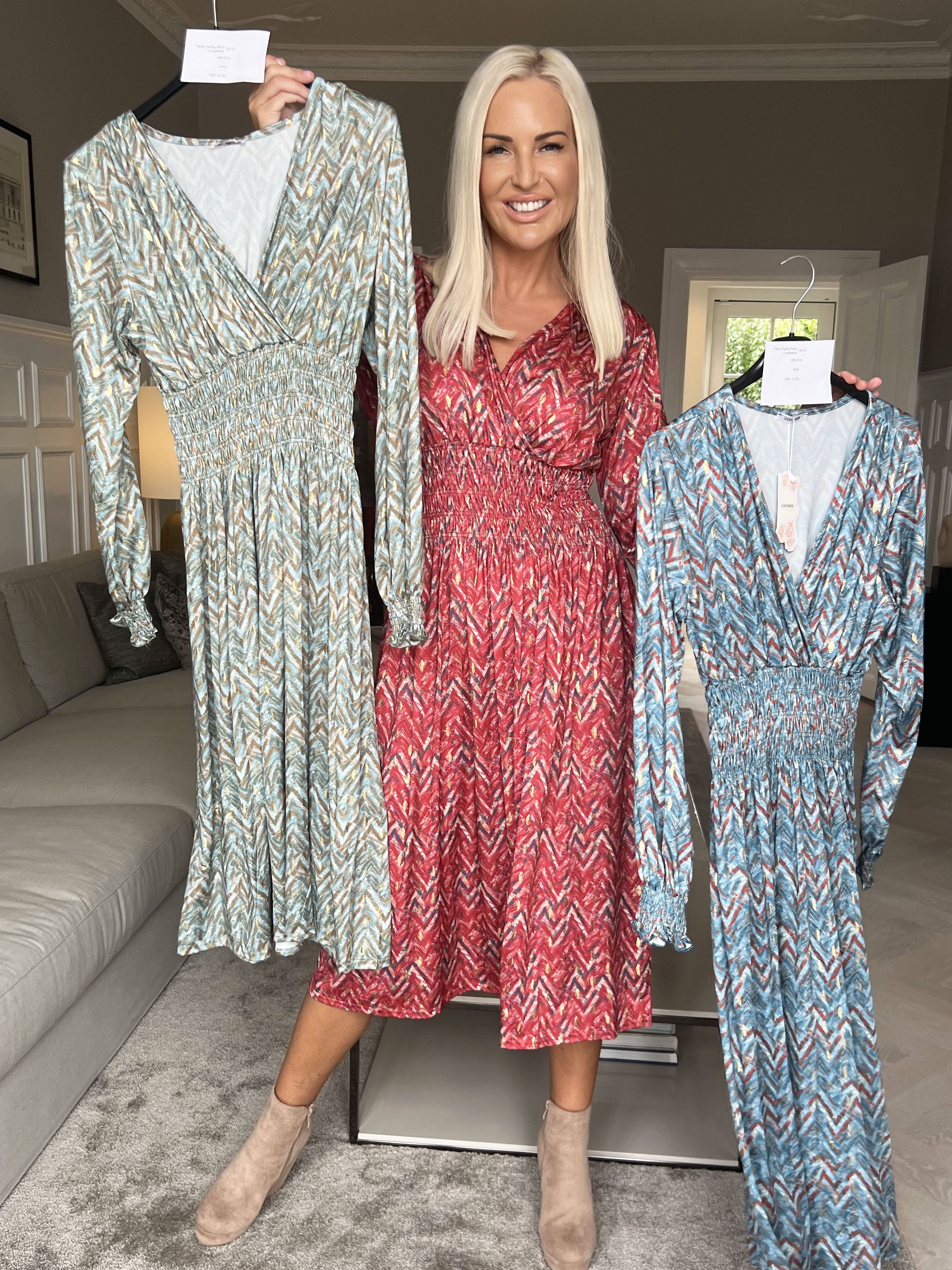 Pams ZigZag Midi L/S - Elastisk klänning i skrynkelfritt tyg med långa ärmar