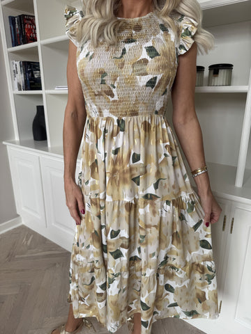 Kelly Floral Sleeveless - Blommig klänning med smockat bröst