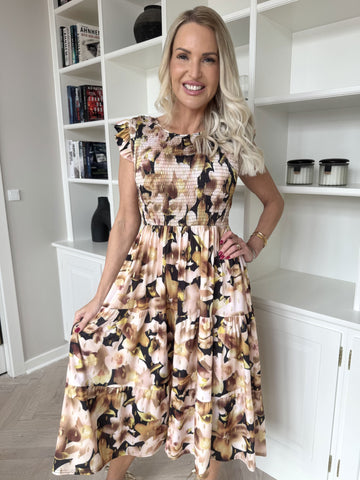 Kelly Floral Sleeveless - Blommig klänning med smockat bröst