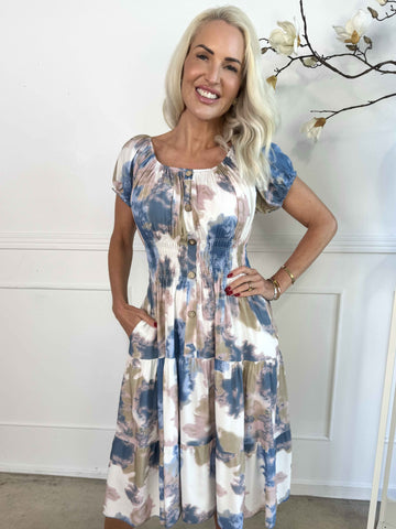 Leah - Mångfärgad viskosklänning med puffärmar och fickor