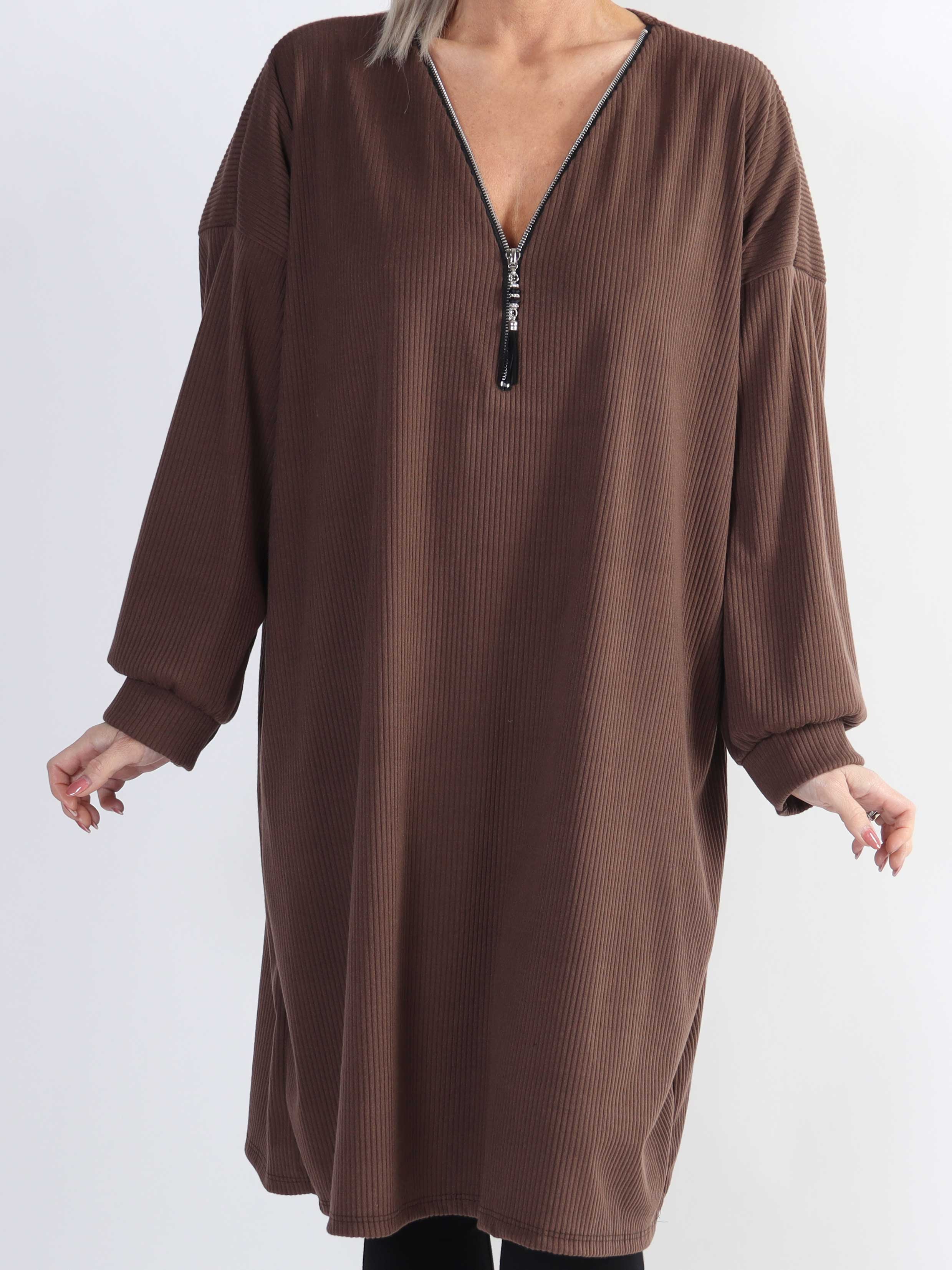 Liana - Mjuk plus size-klänning i ribb med dragkedja - Brown