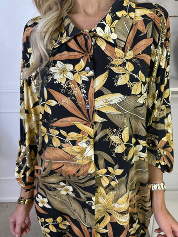 Mia Gold Flower - Skjortklänning med resår och blommigt tryck