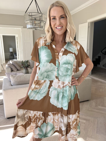 Milano Peony Midi S/S - Blommig klänning med lagerlook