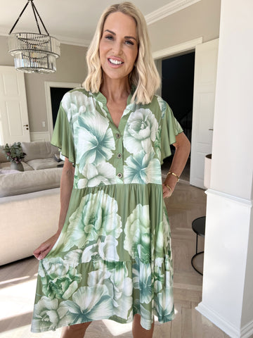 Milano Peony Midi S/S - Blommig klänning med lagerlook