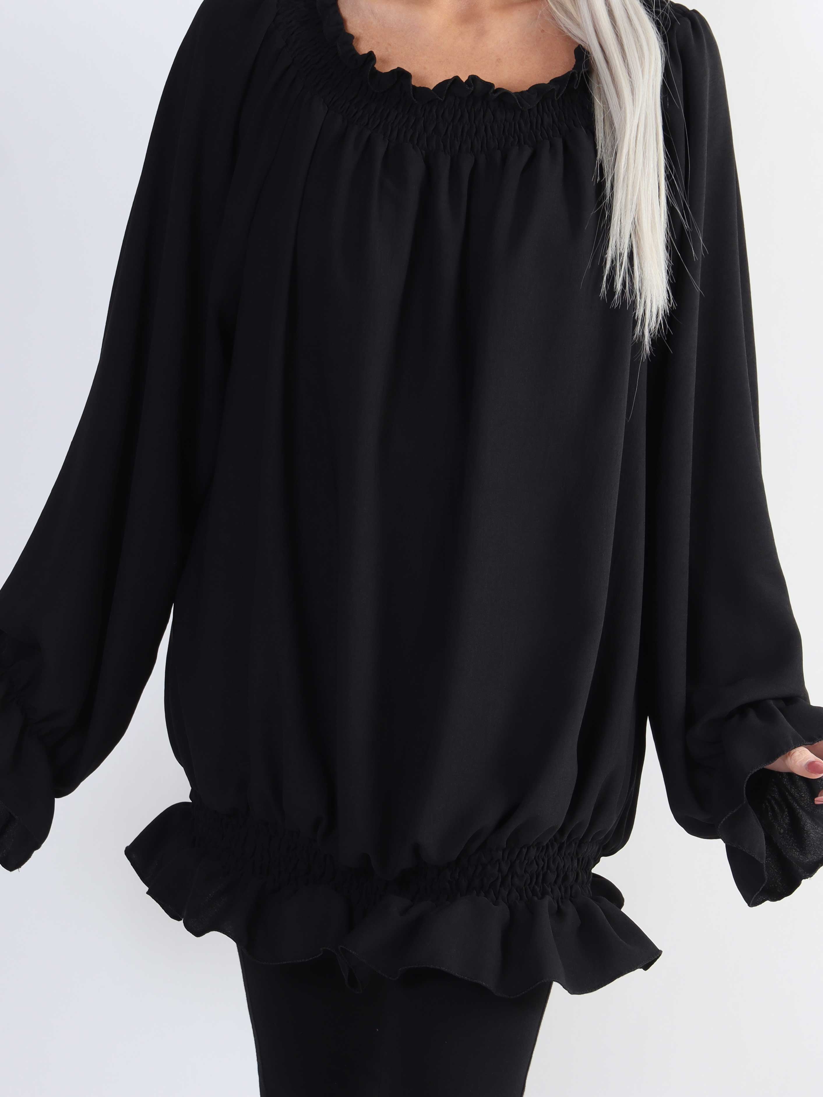 Monik - Enfärgad tunika i stor storlek med resår och volang i kanterna - Dusty green