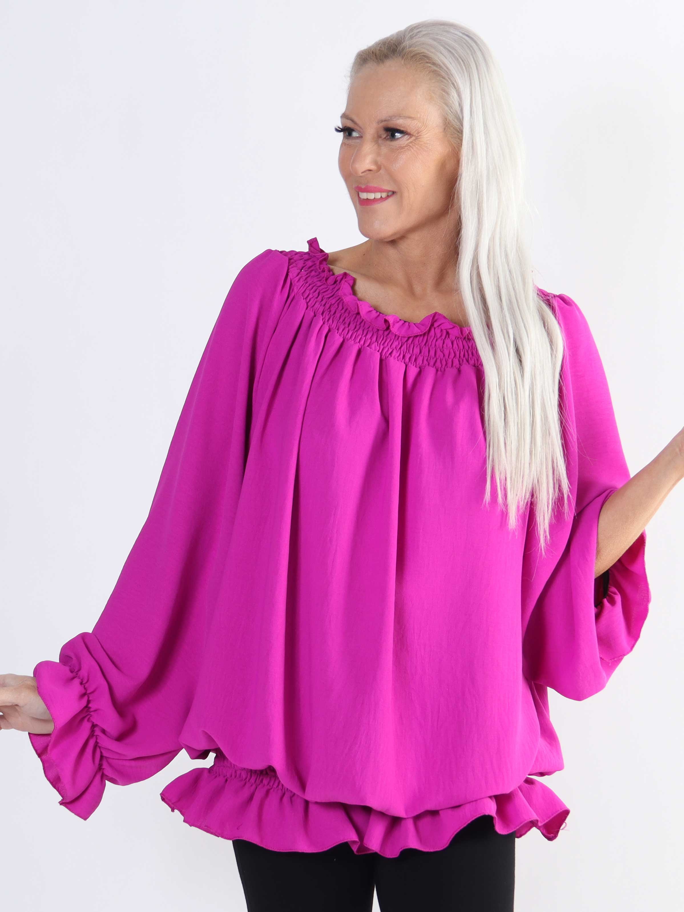 Monik - Enfärgad tunika i stor storlek med resår och volang i kanterna