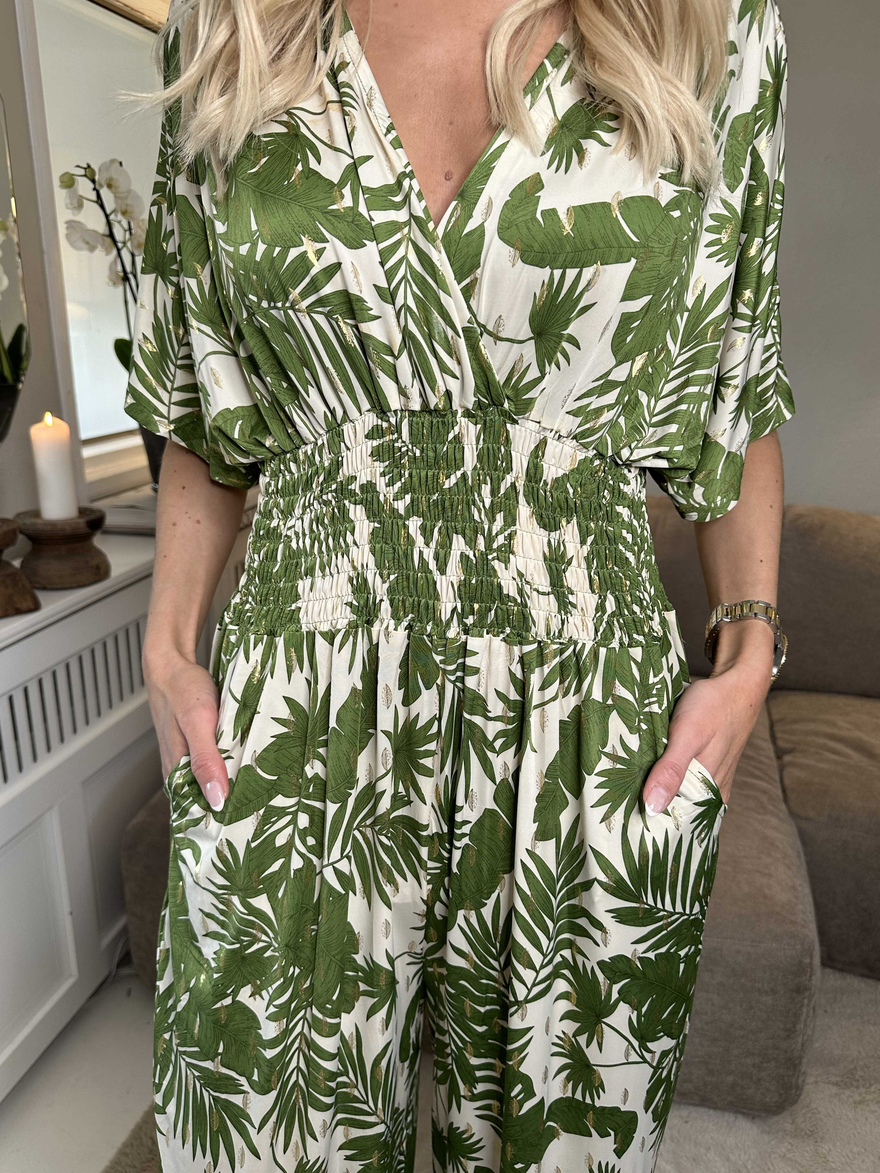 Pams Gold Leaf Jumpsuit - Jumpsuit med resår och bladmönster - Green